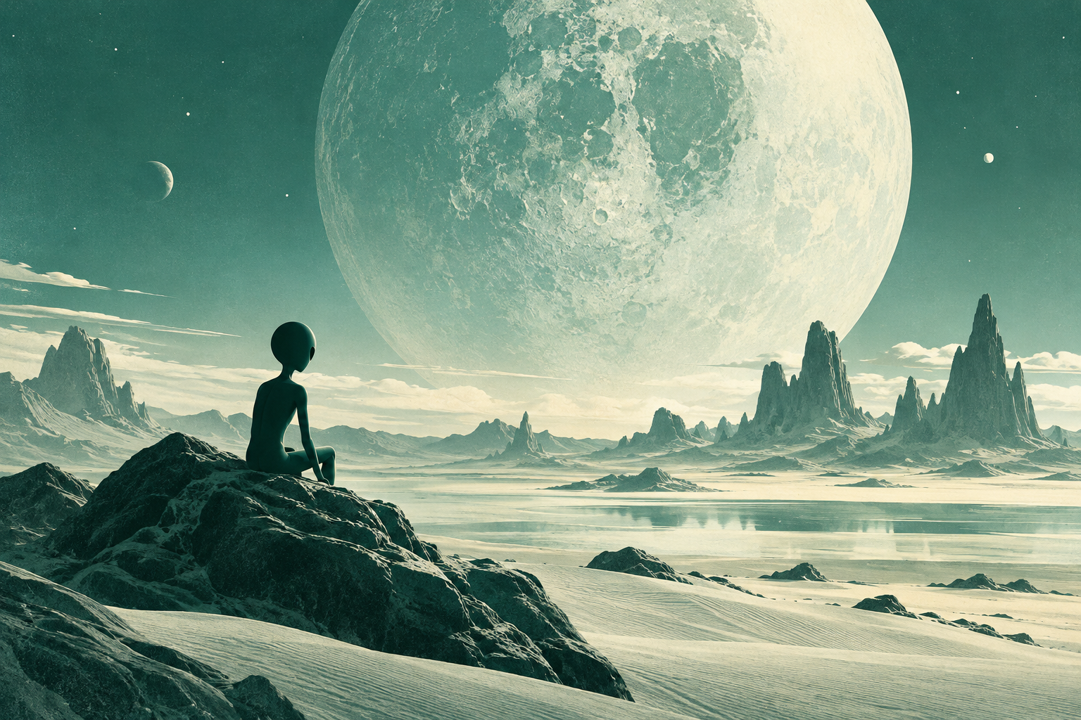 minimal emerald alien silhouette in a surreal desert under an enormous moon, retro sci-fi art, sophisticated not scary